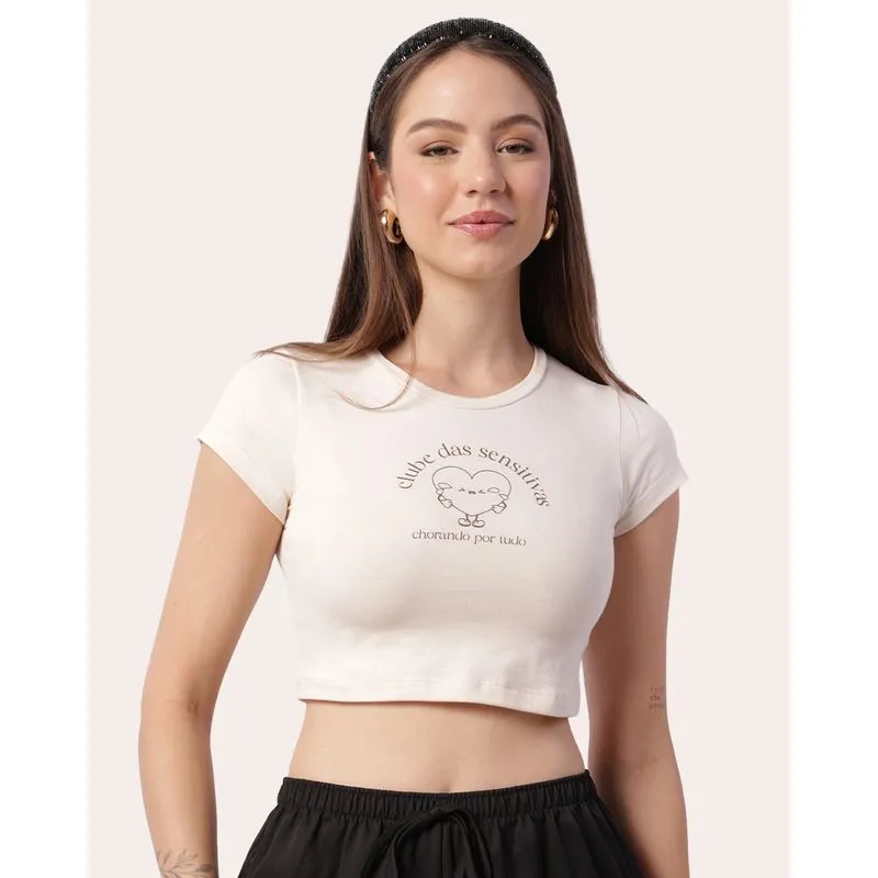 Blusa Feminina Cropped Estampa Frontal Bege M