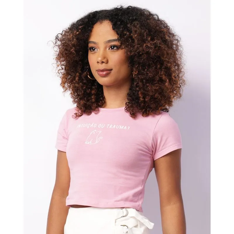 Blusa Feminina Cropped Com Escrita Manga Curta Rosa GG