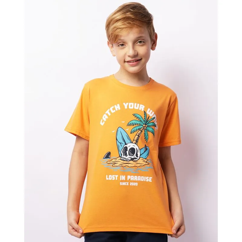 Camiseta Juvenil Manga Curta Estampa Tropical Laranja 14