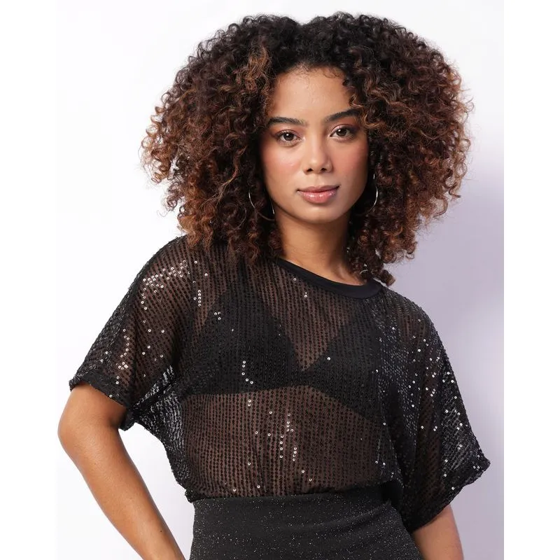 Blusa Feminina Cropped Tule Com Paetê Preta M