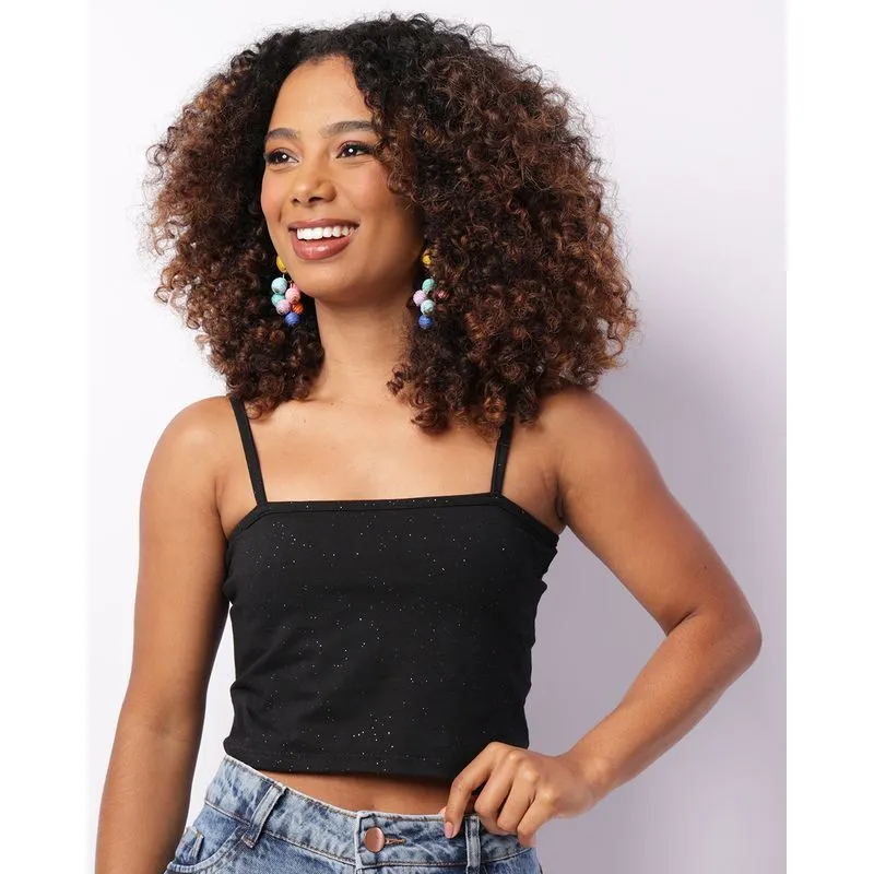 Blusa Feminina Cropped Com Glitter Alcinha Preta P