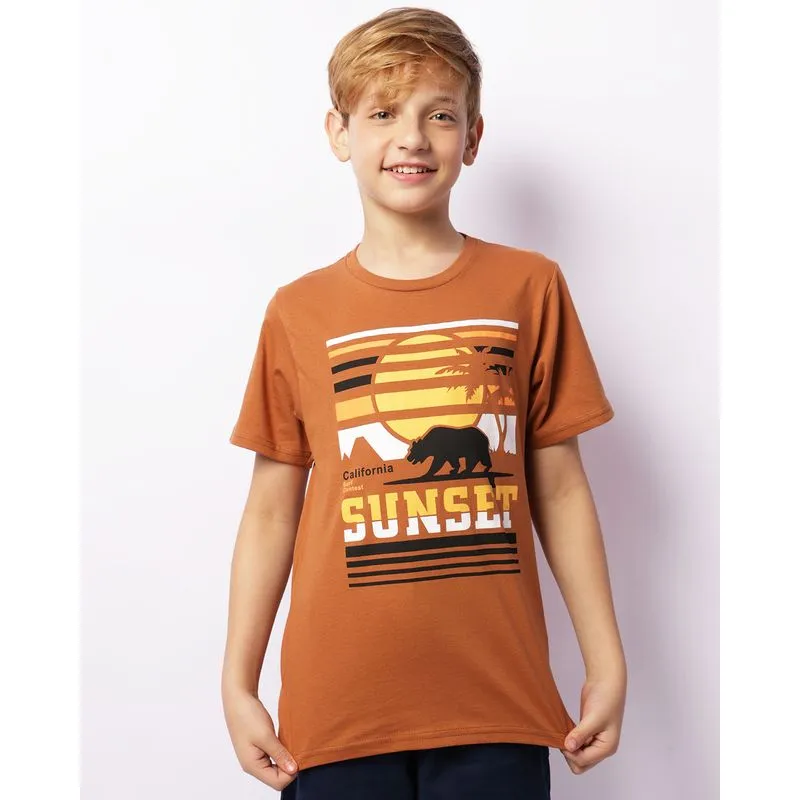 Camiseta Juvenil Manga Curta Estampa Califórnia Sunset Marrom 14