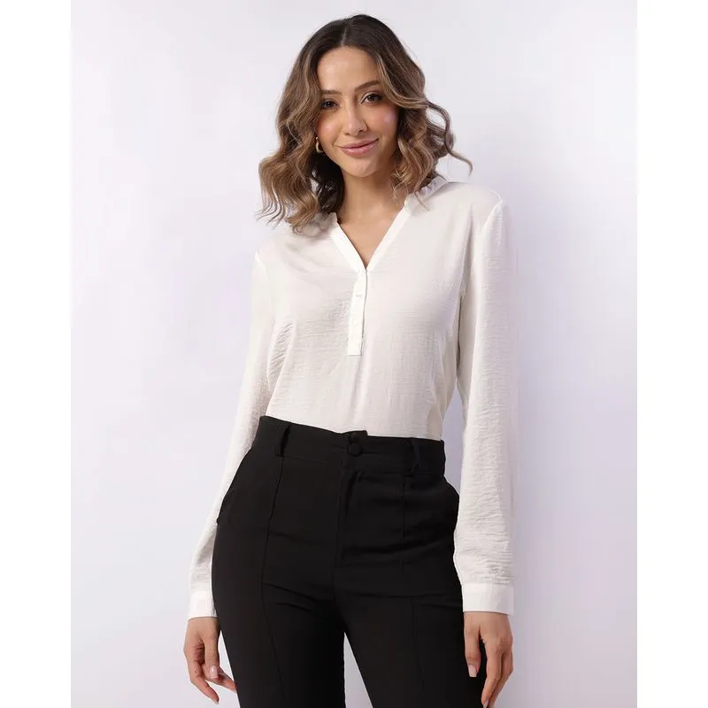 Bata Feminina Manga Longa Texturizada Com Botões Branca GG