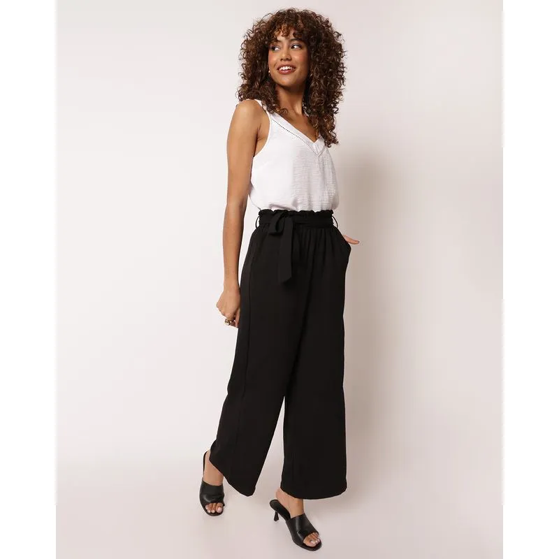 Calça Feminina Pantalona Texturizada Faixas Para Amarração Preta UN