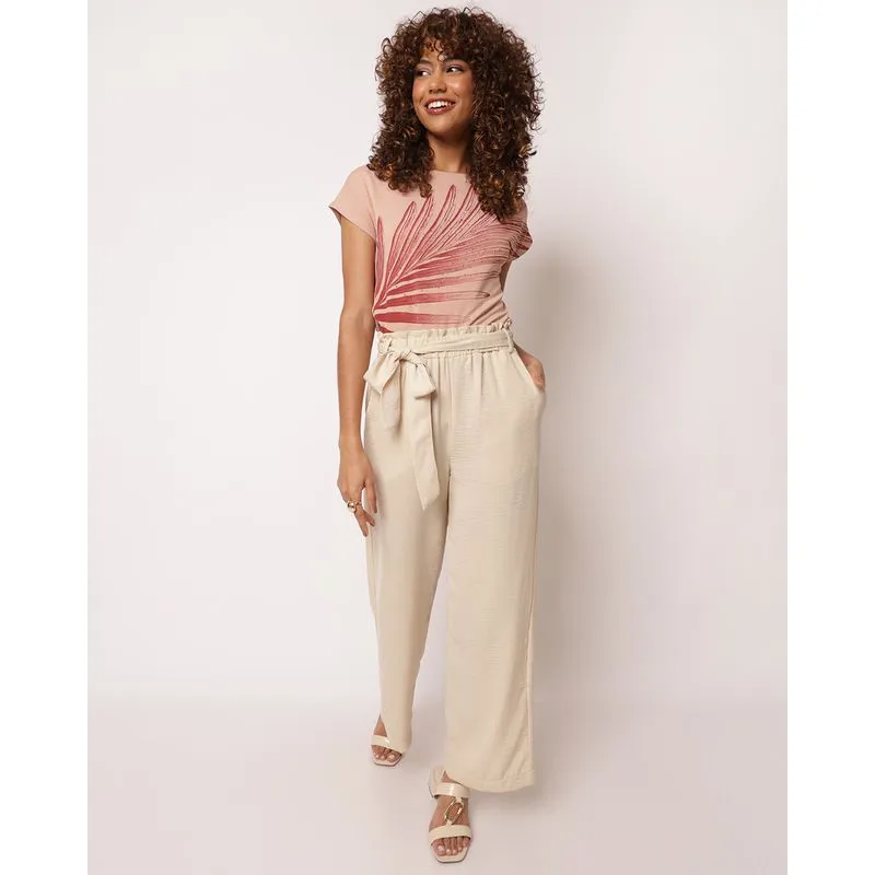 Calça Feminina Pantalona Texturizada Faixas Para Amarração Bege GG