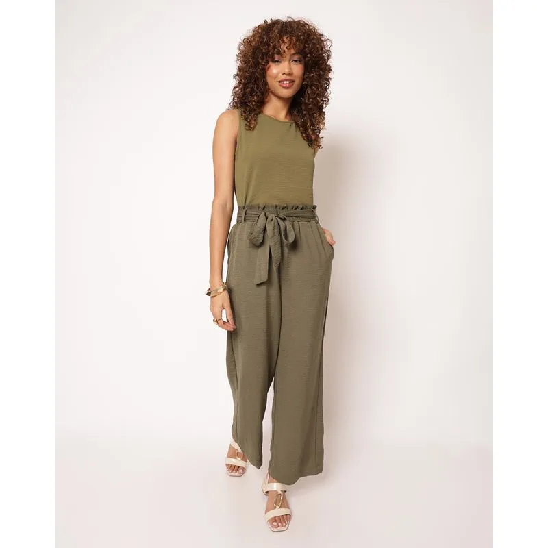 Calça Feminina Pantalona Texturizada Faixas Para Amarração Verde P