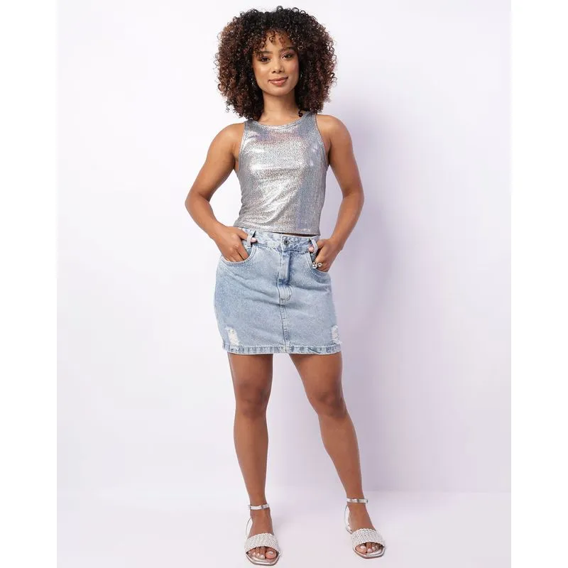 Saia Jeans Feminina Curta Vizzy com Strass Azul 36