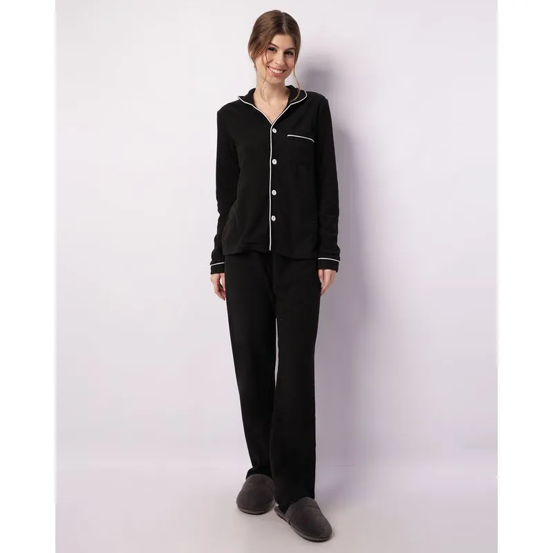 Pijama Feminino Longo Soft Com Botões Preto M
