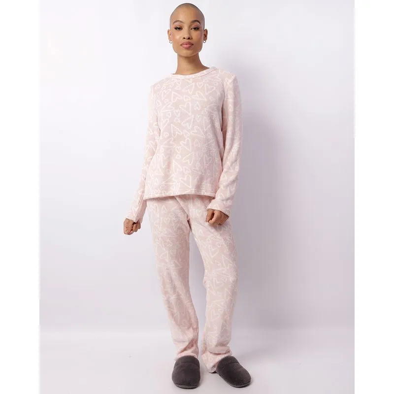 Pijama Feminino Longo Soft Estampa Corações Rosa GG