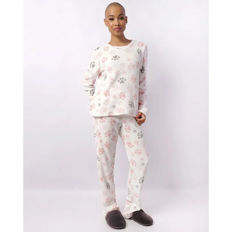 Pijama Feminino Longo Soft Estampa Patinhas Off White GG