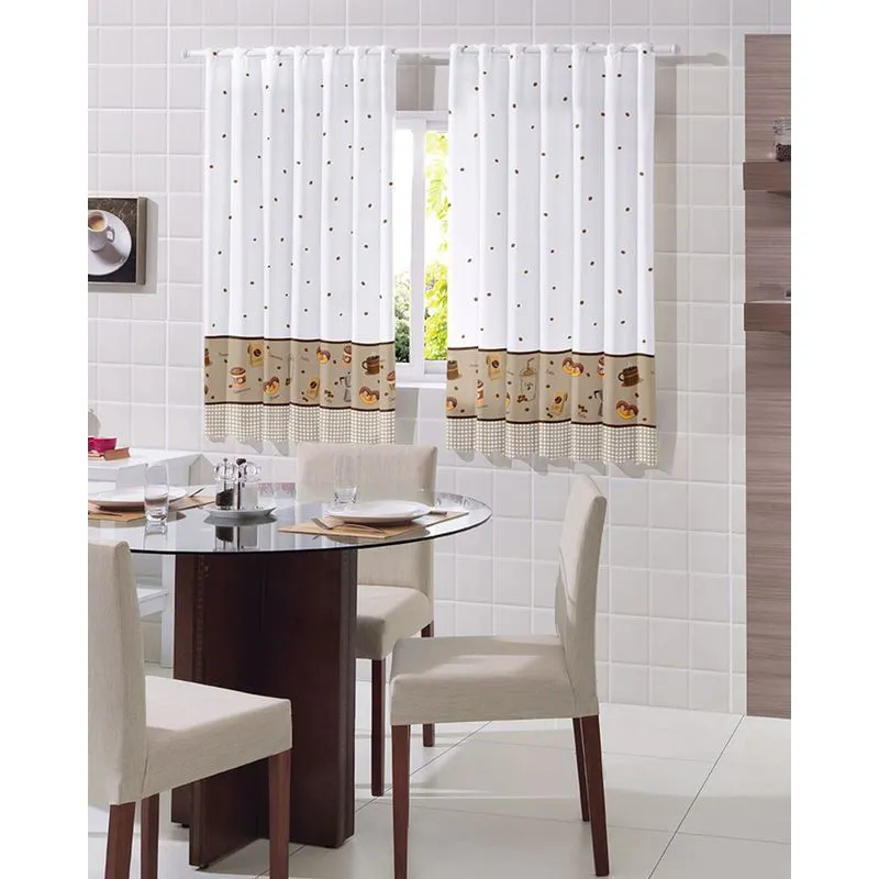 Cortina Para Cozinha Bella Janela 220cm x 120cm Estampada Bege UN