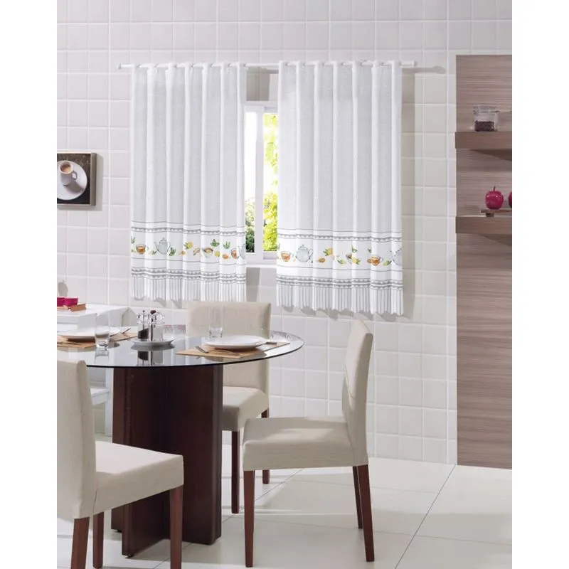 Cortina Para Cozinha Bella Janela 220cm x 120cm Estampada Branca UN