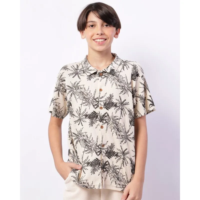 Camisa Juvenil Manga Curta Estampa Tropical Bege 12