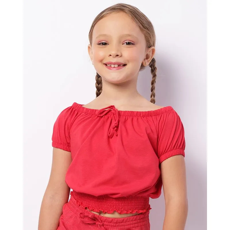 Blusa Infantil Cropped Ciganinha Lastex Manga Curta Vermelha 6