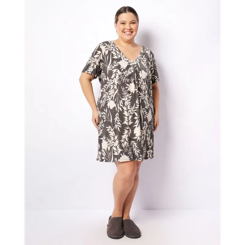 Camisola Plus Size Feminino Decote V Estampa Floral Preta 50