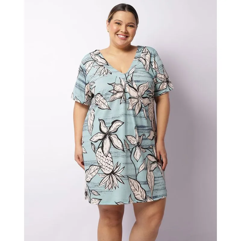 Camisola Plus Size Feminino Decote V Estampa Floral Azul 48