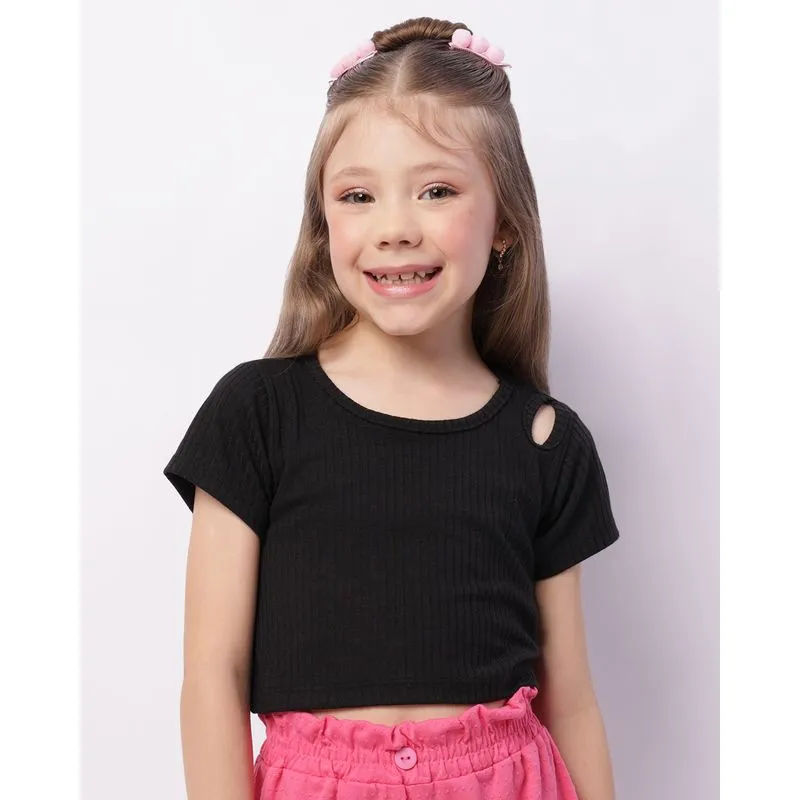 Blusa Infantil Cropped Canelada Recorte Vazado Preta 8