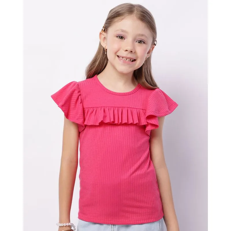 Blusa Infantil Canelada Manga Curta Babado Rosa 4
