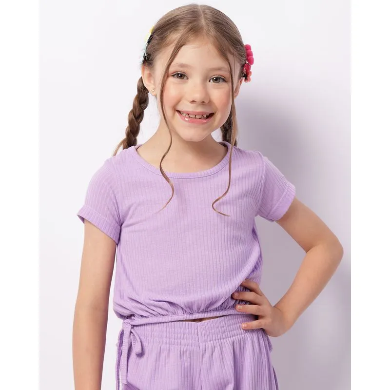 Blusa Infantil Canelada Manga Curta Com Amarração Lilás 4