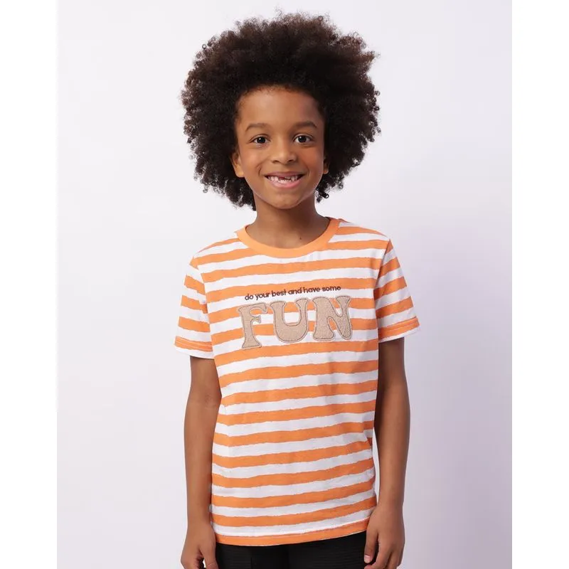 Camiseta Infantil Bordado Listrada Manga Curta Laranja 10