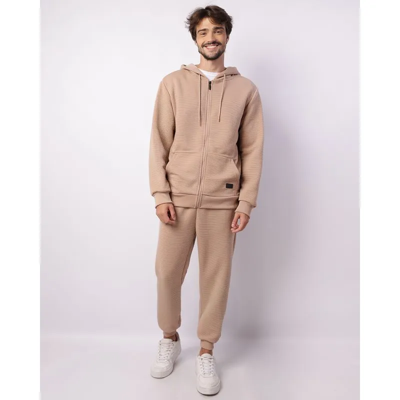 Calça Masculina Jogger Canelada Bolsos com Zíper Selado Bege GG