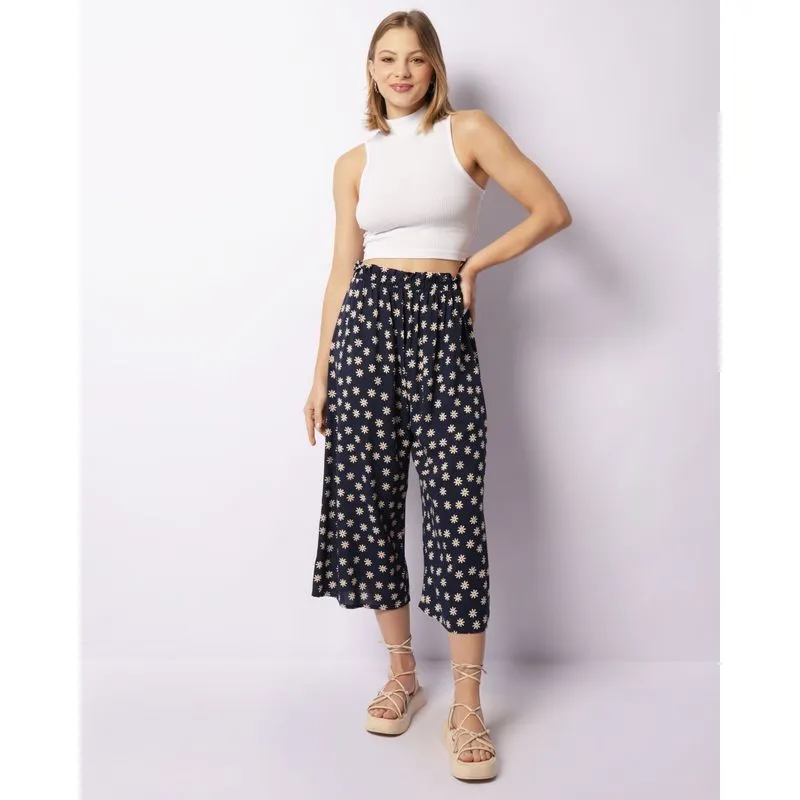 Calça Feminina Pantacourt Viscose Estampada Marinho G