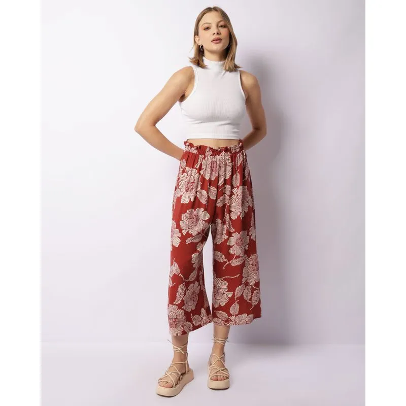 Calça Feminina Pantacourt Viscose Estampada Terracota M