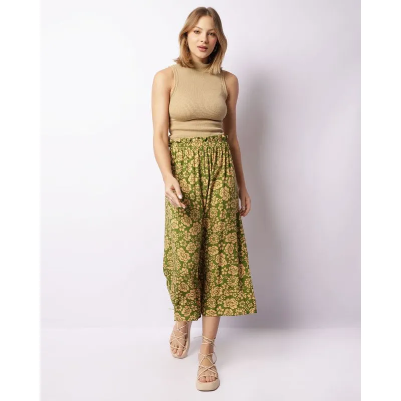 Calça Feminina Pantacourt Viscose Estampada Verde P
