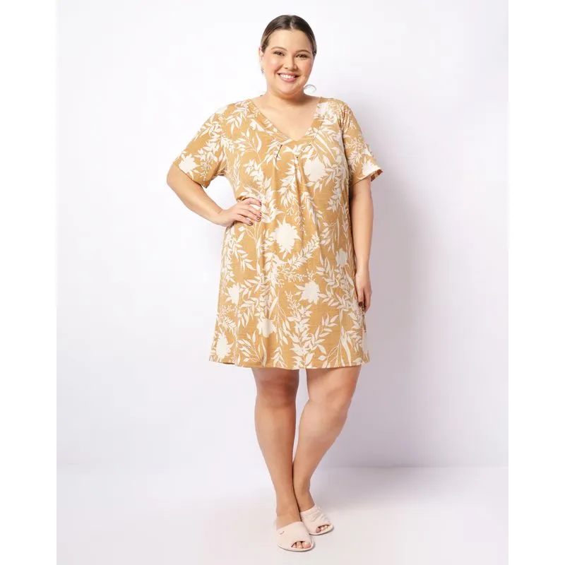 Camisola Plus Size Feminino Decote V Estampa Floral Bege 52