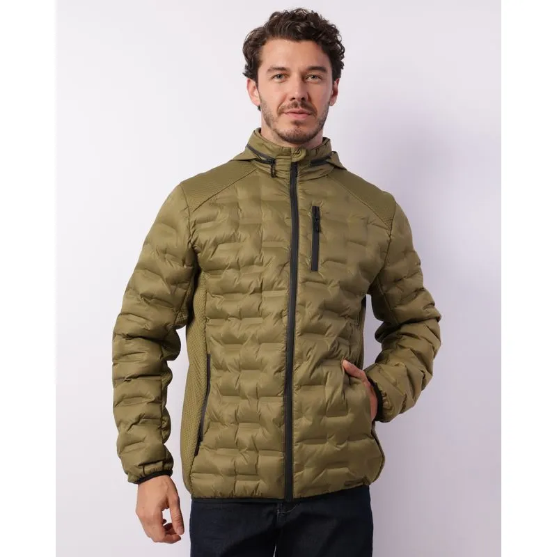 Jaqueta Masculina Puffer Recortes Texturizados Com Capuz Removível Verde P