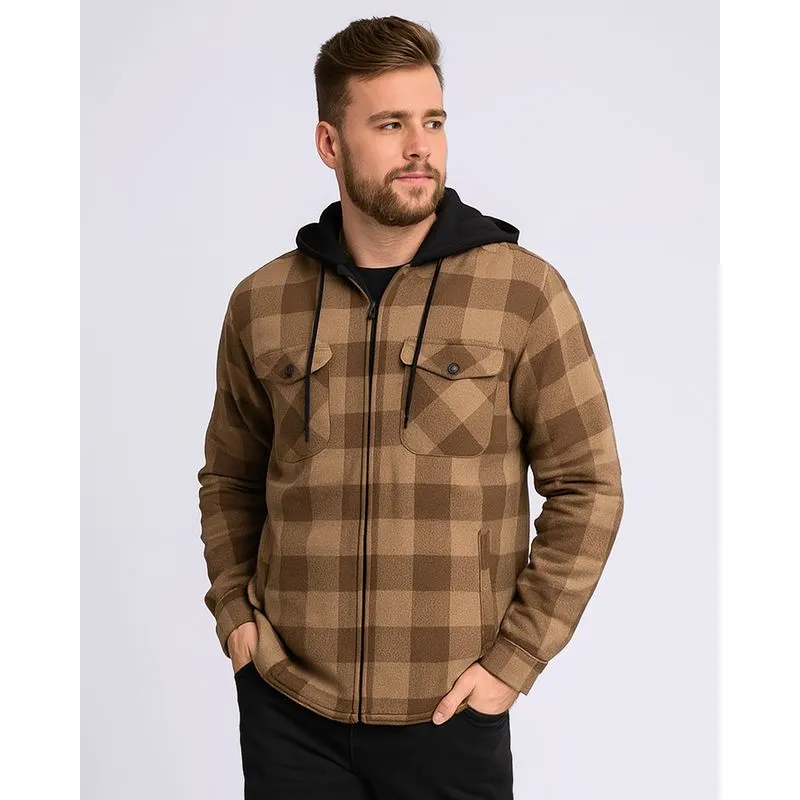 Jaqueta Masculina Flanelada Xadrez com Capuz Marrom GG