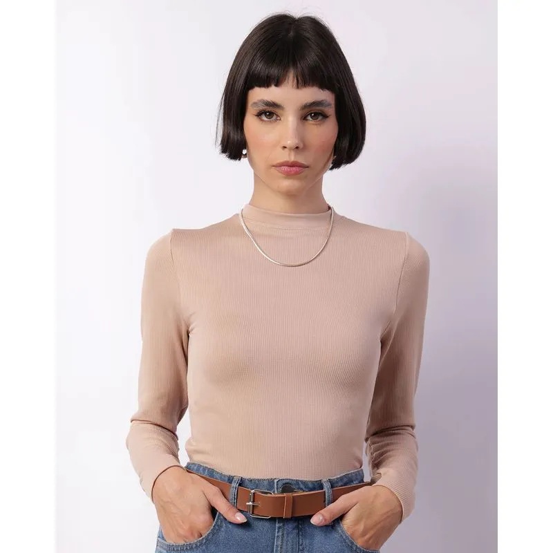 Blusa Feminina Canelada Manga Longa Bege P