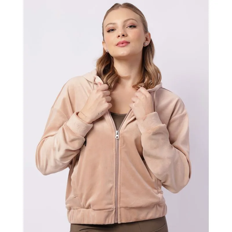 Jaqueta Feminina Fitness Fitter Plush Com Capuz Bolsos Bege G