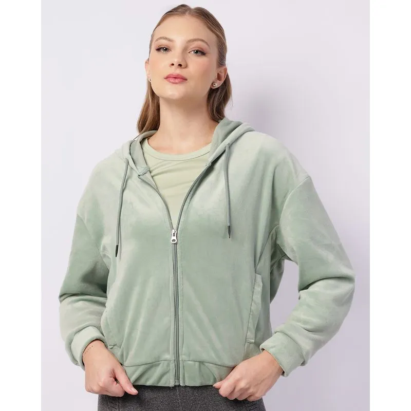 Jaqueta Feminina Fitness Fitter Plush Com Capuz Bolsos Verde P