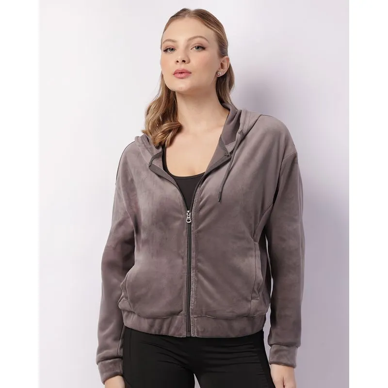 Jaqueta Feminina Fitness Fitter Plush com Capuz Bolsos Cinza M