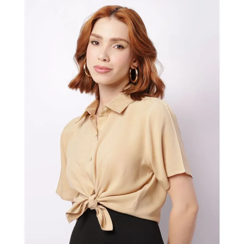 Camisa Feminina Berry & Co. Viscose Manga Curta Bege PP