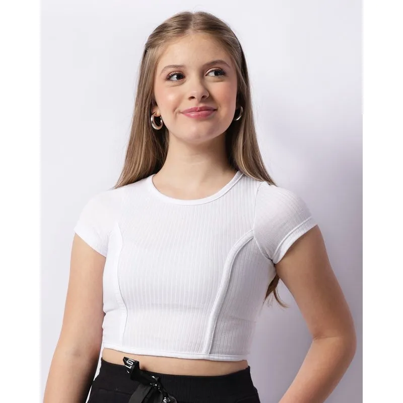 Blusa Juvenil Cropped Canelada Com Recortes Branca 12