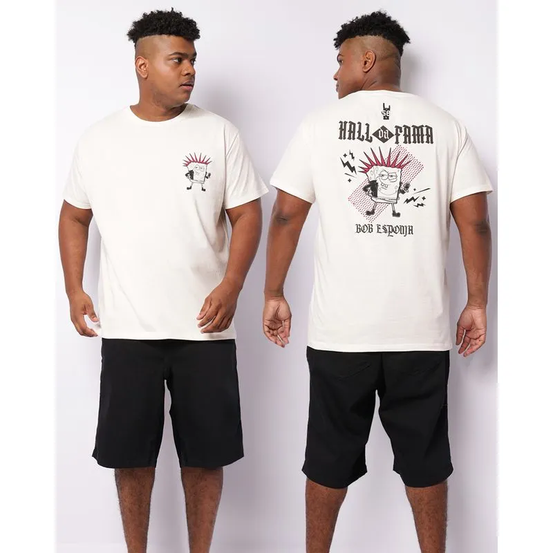 Camiseta Plus Size Masculina Bob Esponja Manga Curta Off White G2