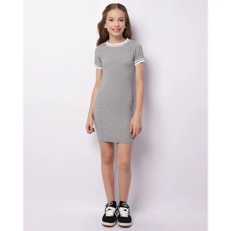 Vestido Juvenil Manga Curta Canelada Listrada Cinza 10