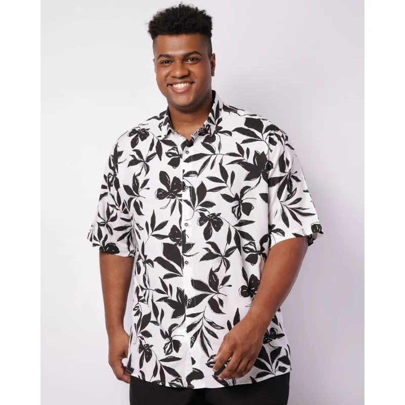 Camisa Plus Size Masculina Viscose Manga Curta Folhagem Branca 7