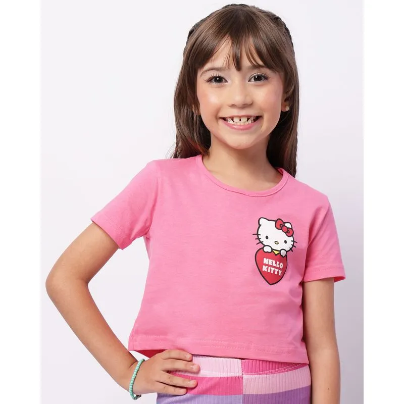 Camiseta Infantil Cropped Hello Kitty Manga Curta Rosa 4