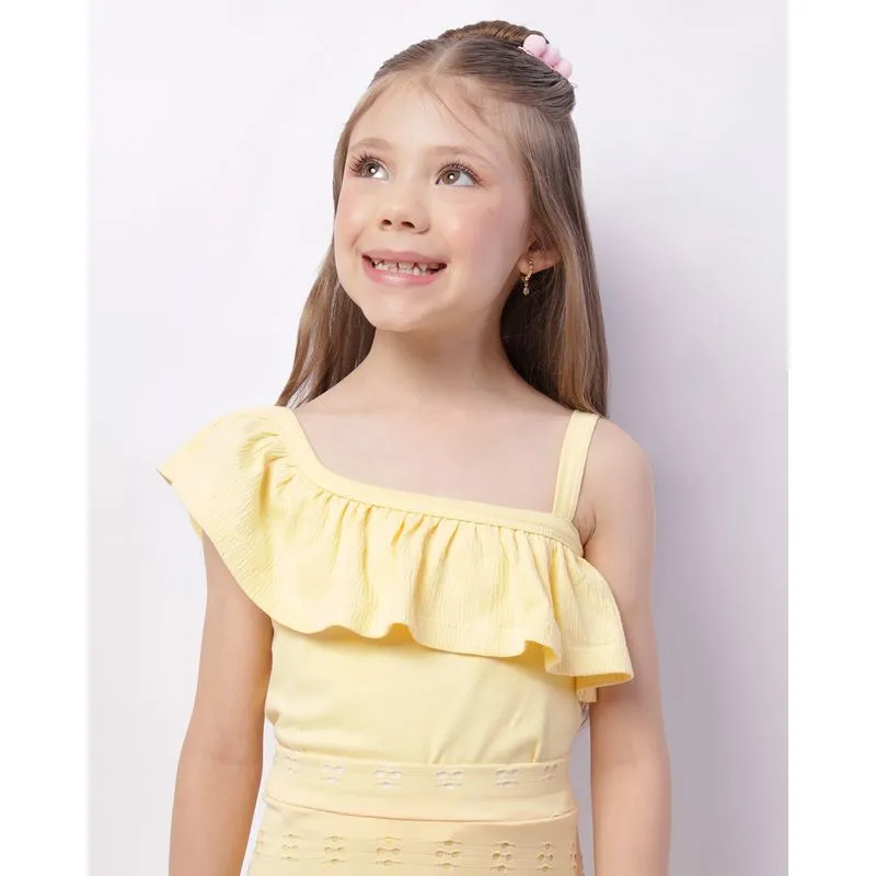 Blusa Infantil Cropped Um Ombro Só Babado Anarruga Amarela 6