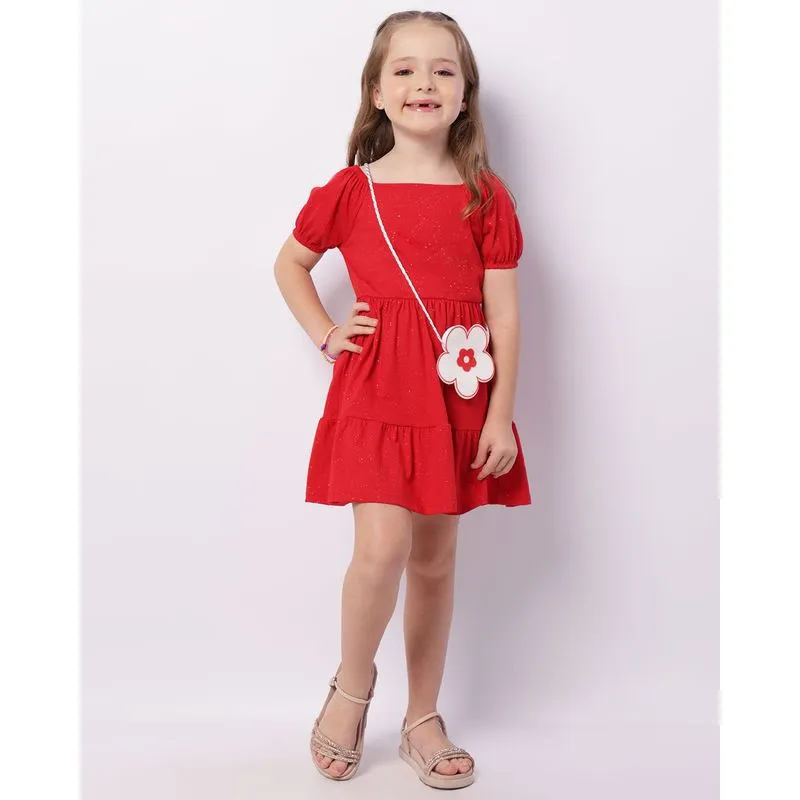 Vestido Infantil Manga Curta Glitter + Brinde Bolsinha Flor Vermelho 10