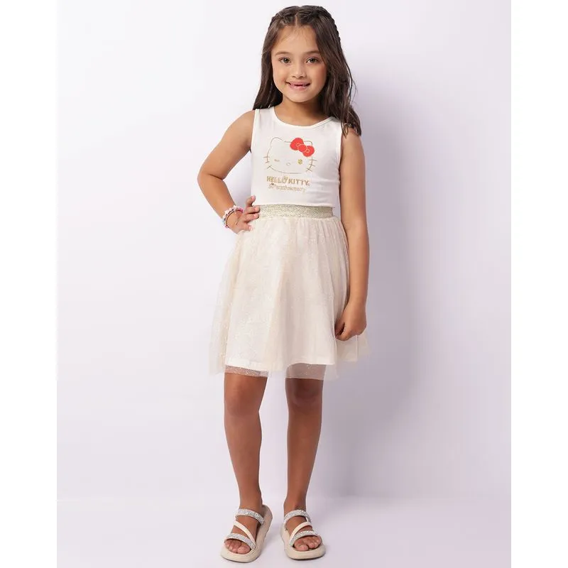Vestido Infantil Manga Curta Hello Kitty Tule Com Glitter Off White 6