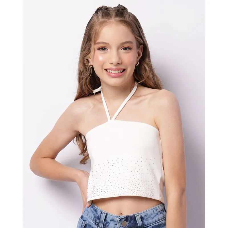 Blusa Cropped Juvenil Frente Única Strass Off White 16