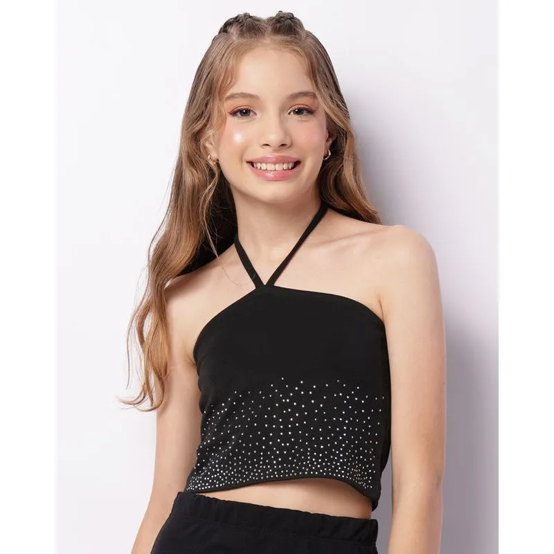 Blusa Cropped Juvenil Frente Única Strass Preta 10