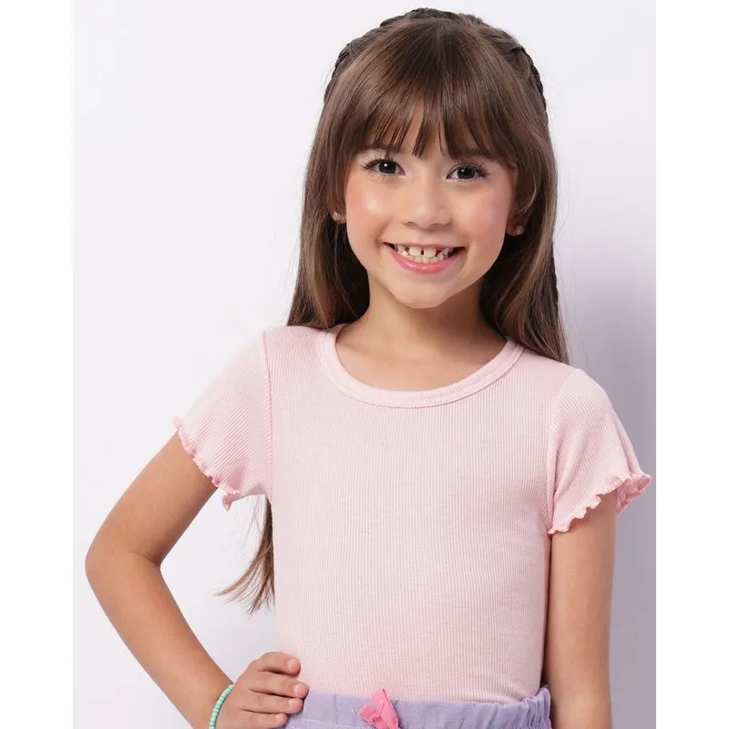 Blusa Infantil Canelada Manga Curta Frufru Rosa 6