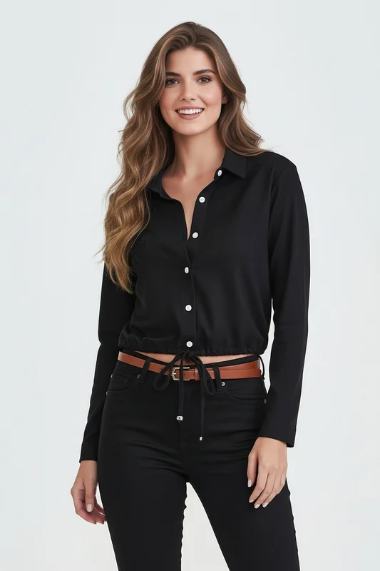 CAMISA CROPPED TAFETA 12317L PRETO / P