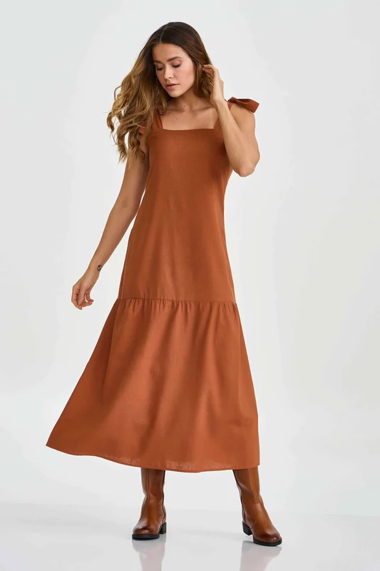 VESTIDO LONGO LINHO COM 40094V CARAMELO / G