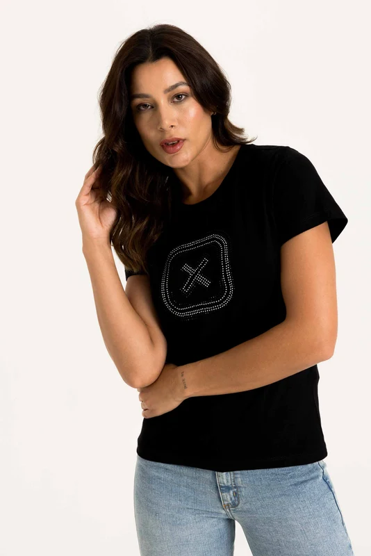CAMISETA SLIM FIO 30 PENTEADA STRASS 51198 PRETO / G